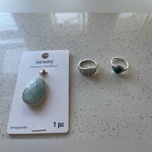 Jewelry Lot: Amazonite Pendant & 2 Rings Size 8